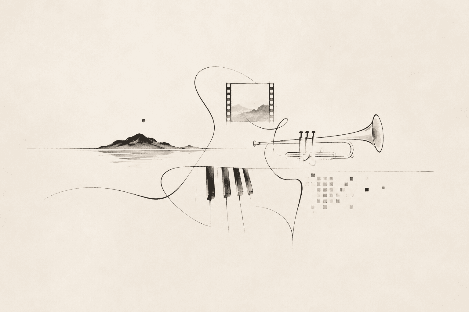 Ryu Yamaki — illustration of an island, piano, and trumpet